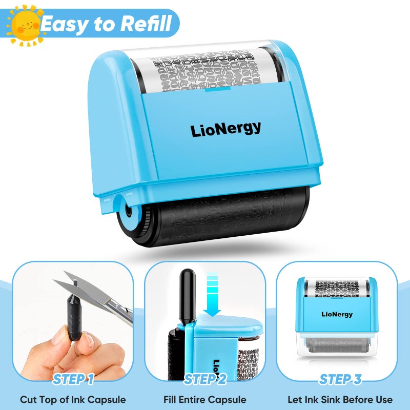 LioNergy Identity Protection Roller Stamp Roller Identity Theft Prevention Security Stamp with 3 Refills - Blue - Image 3